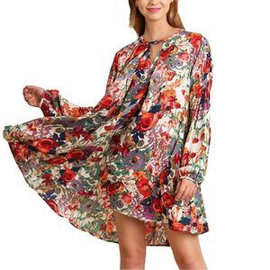 Umgee Mini Dress Garden Floral Print  Flowy Tunic Keyhole V Neck Long Sleeves S